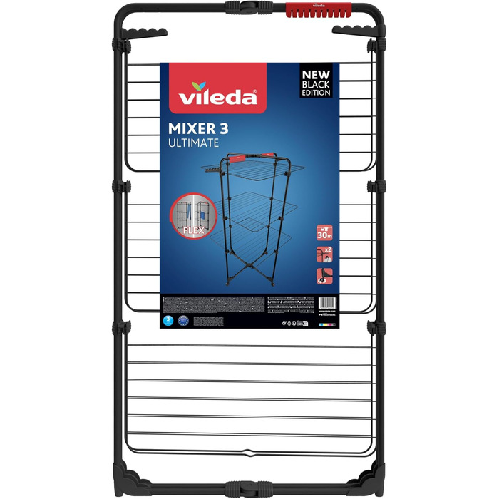Сушарка для білизни Vileda Mixer 3 Ultimate Turmwäscheständer Black Edition, чорна, 30 м, сталева розкладна вежа на колесах