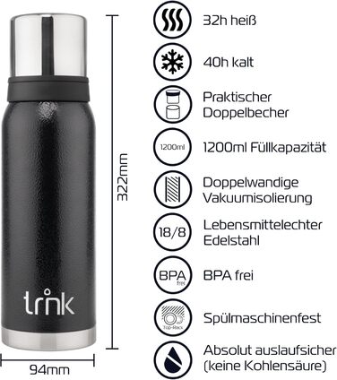 Термос TRNK Arktis 2 - 1200 мл, нержавіюча сталь, BPA-free, 32 години тепла, 2 стаканчики, для кухні