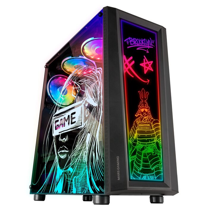 Корпус для ПК Mars Gaming MC300P MicroATX, загартоване скло, Mesh-панель, 3x FRGB вентилятори, чорний