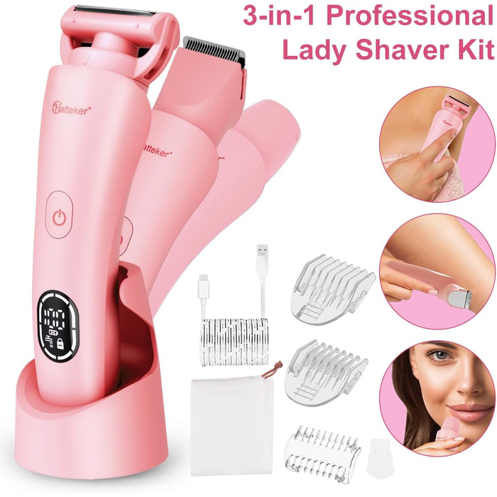 Електричний епілятор Hatteker 3-в-1 для жінок: тример для бікіні, епілятор та бритва. LED-дисплей, IPX7, USB-зарядка (Рожевий)