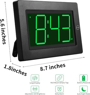 KWANWA Alarm Clock, 8-Inch Large Screen, Digital Battery-Powered Alarm Clock, Automatic Dimming Mode, Large Tick-Free Wall Clock, Table Clock for Bedroom, Office, Living Room, Seniors, 12-Hour Mode
