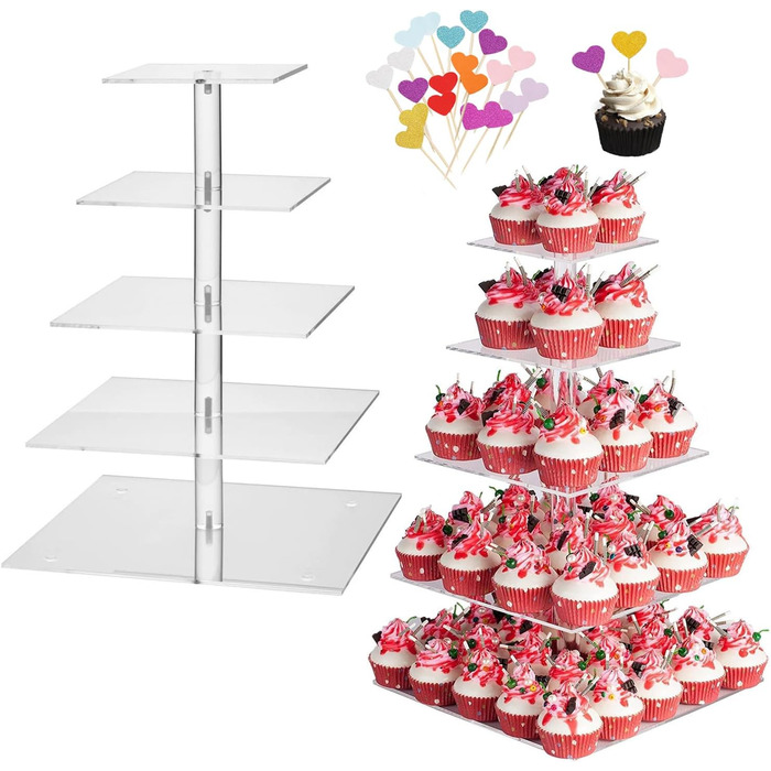 Підставка для капкейків з акрилу на 5 ярусів, 20 шпильок, прозора, для тортів та десертів, весілля, дні народження, барні вечірки, квадратна