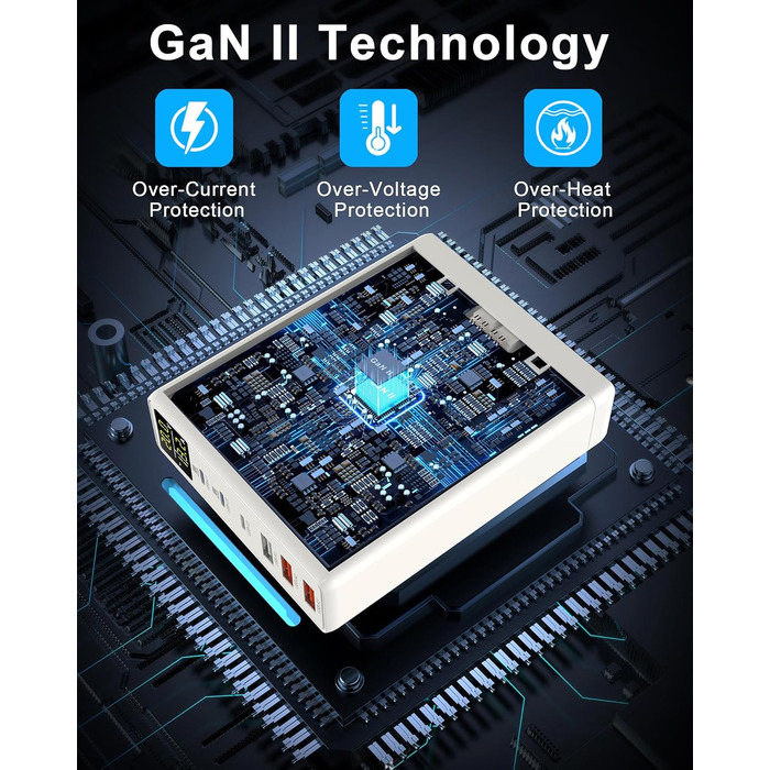 Зарядний пристрій USB 6 портів з LCD екраном GaN 180W для MacBook, iPad, iPhone 16/15/14/Pro/Max, Samsung Galaxy S23 - Білий
