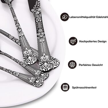 Black Cutlery Set for 6 People, HONKKU 36-Piece Stainless Steel Cutlery Set with Steak Knives, Eating Utensil Set Mirror Polished with Floral Patterns, Fork Spoon Knife Set Dishwasher Safe