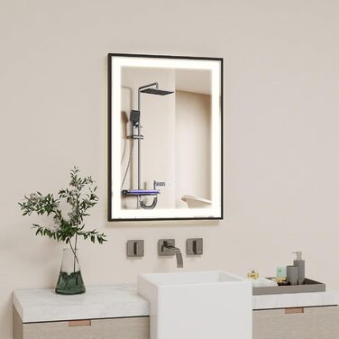 Дзеркало YOURLITE з підсвічуванням 70x50 см, LED дзеркало для ванної кімнати з годинником, сенсорне керування, 3 кольори світла, регулювання яскравості, антизапар, пам'ять, срібний (чорний-5070)