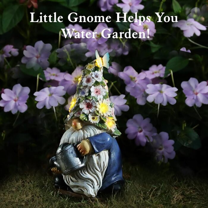 Lewondr Solar Garden Gnome Outdoor Garden Decor, Waterproof Resin Gnome Garden Figurine with Watering Can, Sculpture Garden Decoration with Warm Light Gift for Lawn Yard Patio Veranda