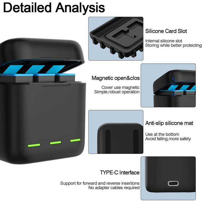 Зарядний пристрій для GoPro Hero 13 Black — 3-канальний зарядний пристрій з швидкою зарядкою, USB-C кабель. Сумісний з GoPro Hero 13 Black, оригінальним акумулятором (без акумулятора). Підходить для Hero 12/11/10/9