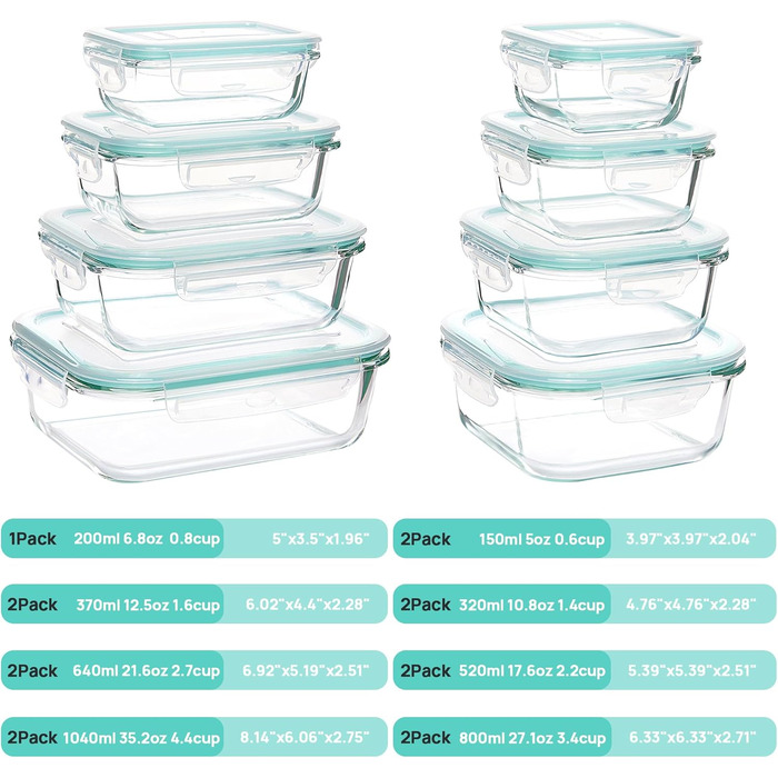 15 контейнерів для їжі Vtopmart зі скла: набір, з кришкою, для мікрохвильовки, морозильника та посудомийної машини
