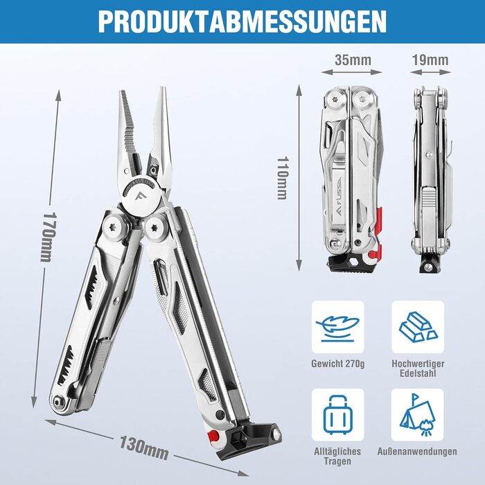 FLISSA 19-in-1 Multifunction Pliers - Multitool with Glass Breaker & Fire Starter - Stainless Steel Camping & Repair Tool with Carrying Case