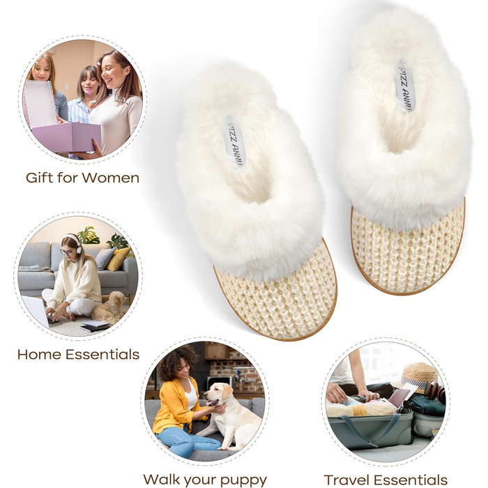 Тапочки жіночі зимові PIZZ ANNU з плюшем, антиковзаюча підошва, платформа, піна пам'яті, для дому/на вулицю, 38/39 EU, кремовий