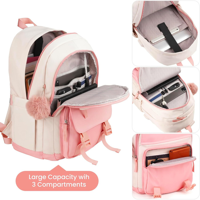 Рюкзак MOMUVO для підлітків та жінок, для ноутбука | Милий рюкзак для школярів та студенток 15.6 дюймів (15.6', Бежево-рожевий)