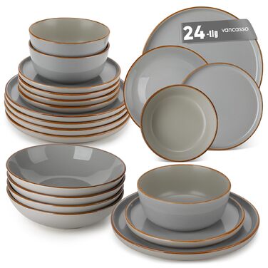 Набір посуду на 6 осіб Vancasso RENO 24 шт. з каменю, сучасний сервіз: обідні, супові, десертні тарілки, миски. Можна мити в посудомийній машині та використовувати в мікрохвильовці, сірий колір.