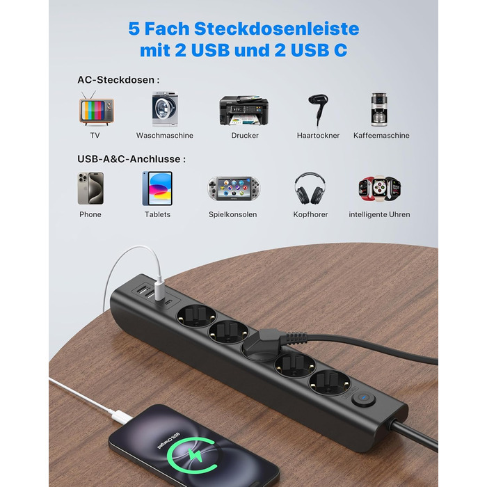 Мережевий фільтр Steckdose 8 в 1 з USB, 3680W, з вимикачем, 16A, 2 USB-C, для смартфонів, ноутбуків, iPad, 1.8M кабель, білий (чорний 5AC)