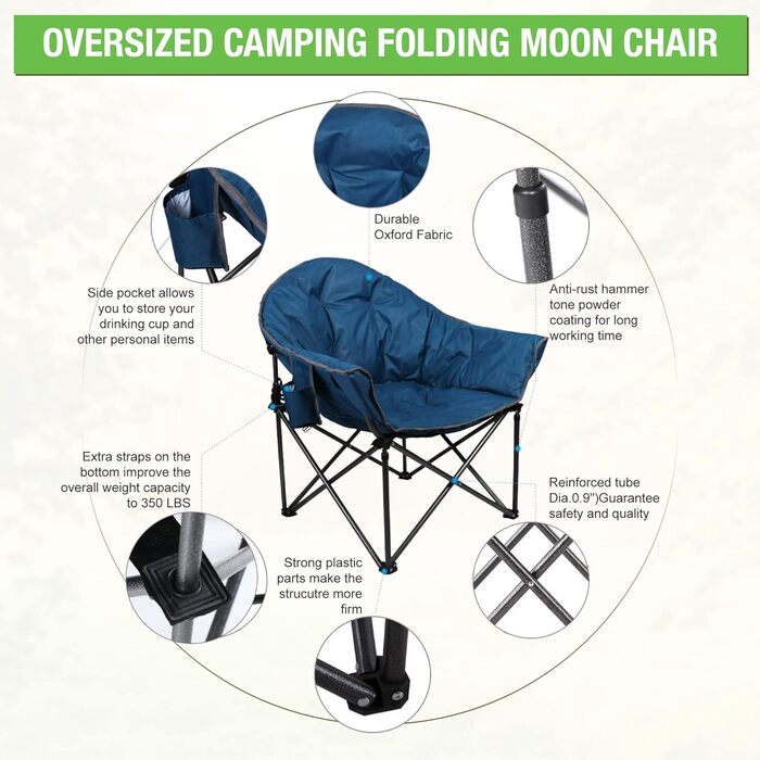 Крісло кемпінгове розкладне High Point Sports Moonchair XXL (до 150 кг) синій - з підсклянником для кемпінгу, саду, відпочинку