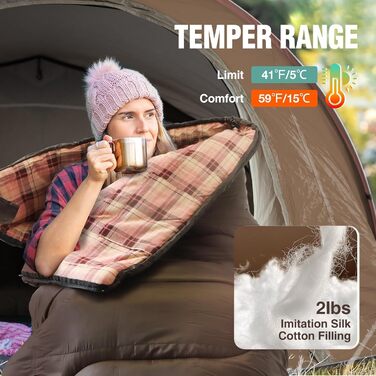 REDCAMP XL Cotton Sleeping Bag - Warm, Removable Hood, Flannel Comfort - 3-4 Season, Adult & Kids, Camping, Fishing, Outdoor - Blue/Brown (2lbs Fill)