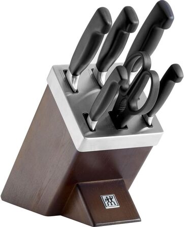 Набір ножів ZWILLING Vier Sterne 7 предметів з автозаточкою, з нержавіючої сталі, з коричневою ручкою, дерев'яний блок з бука, коричневий [Зроблено в Німеччині]