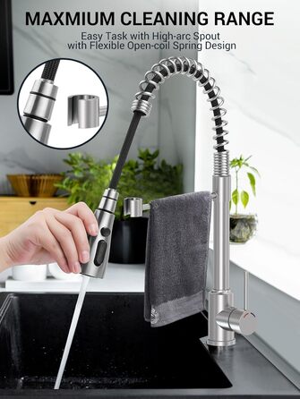 Висувний змішувач для кухні з високим тиском, кухонна арматура з поворотним виливом 360°, 4 режими, високий вигин, нержавіюча сталь, щіткова обробка, змішувач для раковини з одним отвором, ABS-розпилювач, з'єднання G3/8 (тільки для ЄС)