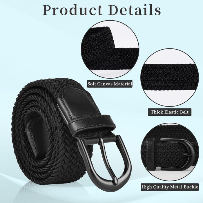 Жінський та чоловічий тканинний ремінь Flintronic, еластичний плетений ремінь, ширина 3.3 см, довжина 107 см (для обхвату талії 76-115 см), колір: чорний