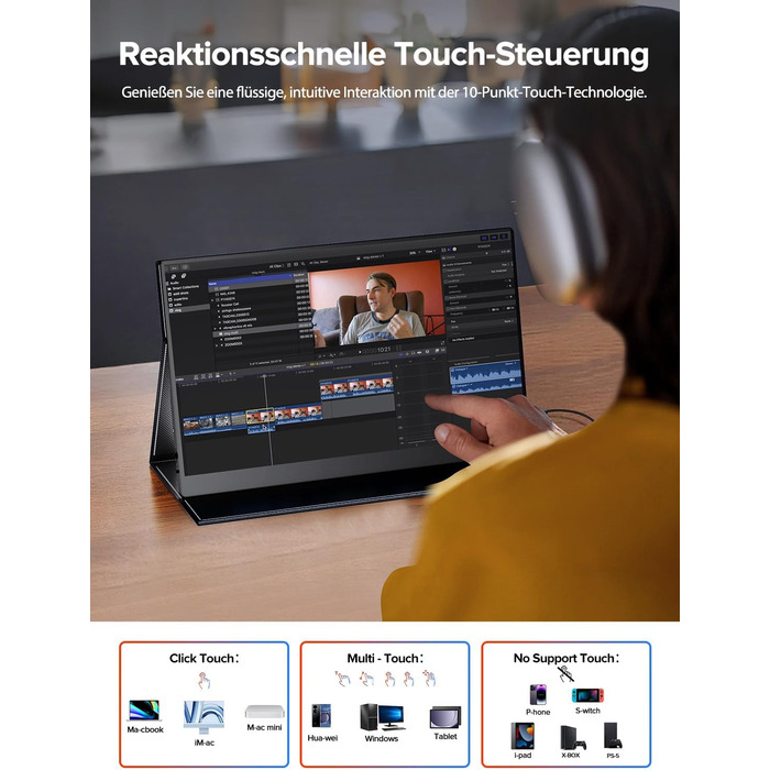 UPERFECT Портативний монітор з сенсорним екраном 15.6' FHD, 125% sRGB, матове покриття, 2000:1 контрастність, VESA, Dual USB-C, для ноутбука/телефону/ігрової консолі
