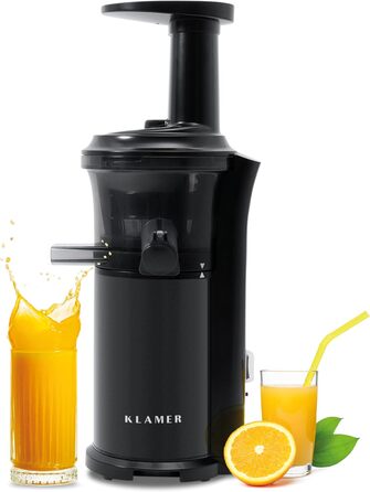 KLAMER Slow Juicer Vegetables and Fruit, Juicer with Reverse Function, Electric Fruit Press with Brush and 2 Containers, Sleek Design, Black