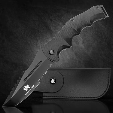 Wolfgang's UNDIQUE One-Handed Folding Knife made from fine 440C steel - One-Handed knife with leather holster - Outdoor knife with multi-functional blade - Strong survival - Hunting knife Bushcraft One-Handed Folding Knife FullBlack