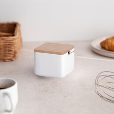 Керамічна цукерниця з ложкою та кришкою з бамбука - цукерниця для дому та кухні, сучасна куляста форма, для цукру, сиру, спецій, 10 x 10 x 9 см (білий круглий) (білий квадрат)