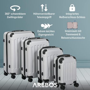 Набір валіз Arebos 4шт з ABS-пластику | Чотири валізи S-M-L-XL | Валіза-троль | З телескопічною ручкою та замком-блискавкою | 360° колеса | Сріблястий колір