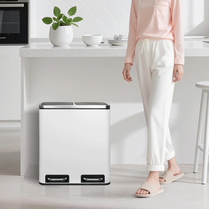 Відро для сміття LIFERUN з двома відсіками, 2 x 15 літрів, з металу, з м'яким закриттям кришки, знімний внутрішній відро, ручки, педальний відро, для квартири, невеликої сім'ї (білий)