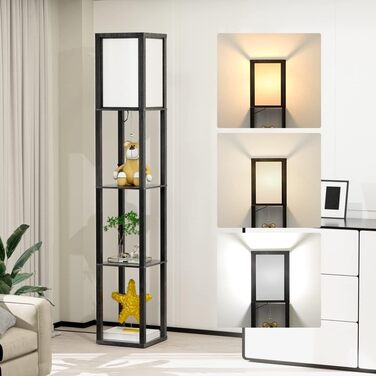 Світлодіодна торшер з дерева, 1.6м, з цоколюванням E27 (3000K-5000K), ретро торшер з 3 полицями, 3 колірні температури, настільна лампа з абажуром для спальні, кута, вітальні, офісу, чорний