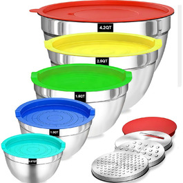 Набір місок з нержавіючої сталі 5 шт. з кришками – 4.5L/2.7L/1.6L/1.1L/0.7L – з 3 тертками, неслизькі та стіклі, придатні для миття в посудомийній машині для кухні та випічки