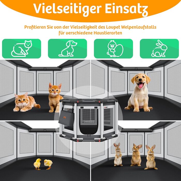 LOVPET® Indoor/Outdoor Dog Playpen - Puppy Pen, Dog Cage with Oxford Fabric, Small Animal Enclosure, Cat Run - Includes Toys & Pads, 72x72x43cm, Anthracite Gray