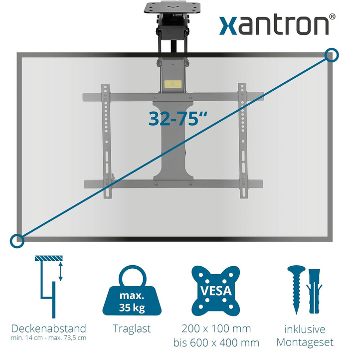 Xantron DEHA-600E Electric Tilting and Swivel TV Ceiling Mount - 32-75 Inch, Voice Control Remote Included