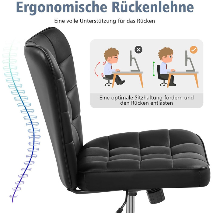 Крісло офісне Yaheetech без підлокітників, обертове, регульоване по висоті, на роликах, з штучної шкіри (чорне)