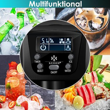 Машина для приготування льоду KESSER® з нержавіючої сталі, 100W, 12 кг/24 год, 2 розміри кубиків, 6 хв приготування, 2 л резервуар, таймер, LCD-дисплей, чорний