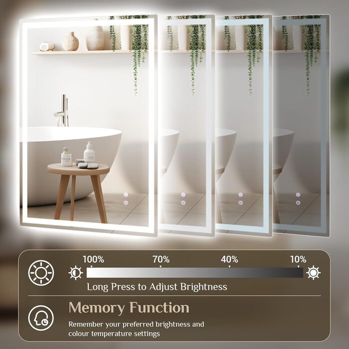 Дзеркало для ванної кімнати Clevich з підсвічуванням 70x50 см, LED, 3 кольори світла, регулювання яскравості, захисне скло, сенсорне керування, функція пам'яті, антизапар, 100x60 см