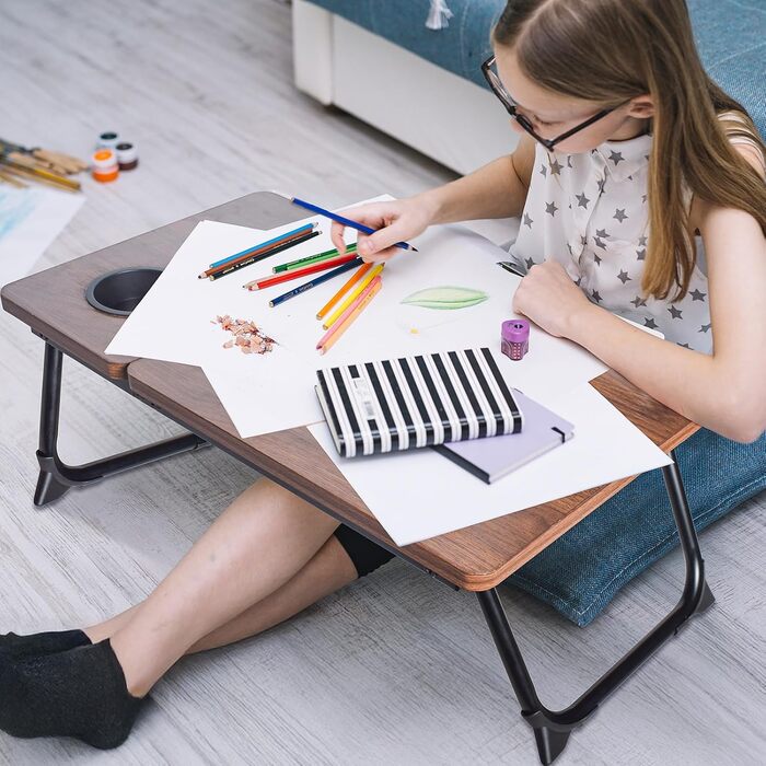 Регульовані дерев'яні столики під коліна для ліжка, письмовий стіл з інтегрованим тримачем для напоїв, горіх