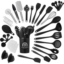 Набір кухонних помічників 43 шт. Силіконовий набір лопаток для приготування їжі, стійкий до високих температур та з антипригарним покриттям. Набір кухонних аксесуарів бежевого кольору з контейнером, гачком для зберігання, придатний для миття в посудомийній машині (чорний)