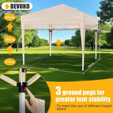 Devoko Gazebo, 3x3 Waterproof, Stable, Winter-Proof Gazebo with 3-Level Height Adjustment, Foldable Gazebo with UV Protection 50+, Foldable Gazebo with Carry Bag, For Garden, Outdoor, Camping, Beige