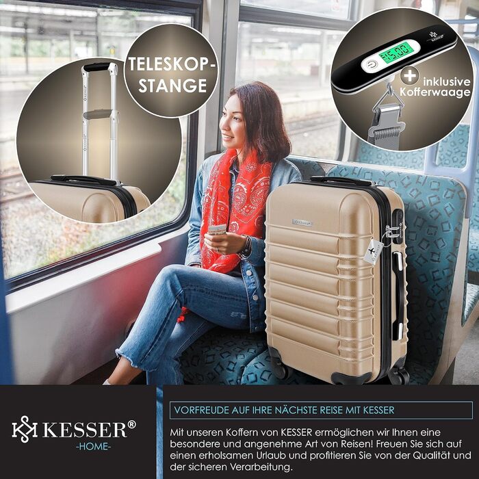 KESSER® Hard Shell Suitcase Including Luggage Scale + Baggage Tag | Trolley Suitcase Rolling Luggage Combination Lock 4 Wheels ABS Hard Shell Telescopic Handle (75cm – 120L) (Carry-on 55cm - 55L, Champagne)