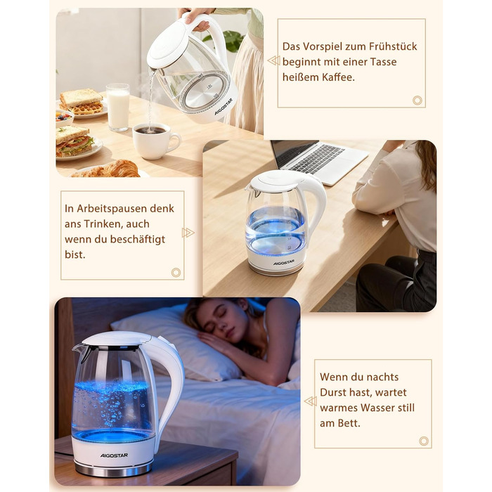 Електричний чайник Aigostar 1.7 л, 2200 Вт, зі скляною колбою, LED-підсвічуванням, без BPA, з фільтром від накипу, чорний (Eve)