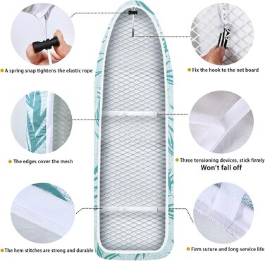 Чохол для прасувальної дошки, 140 x 50 см, великий, з бавовни, товста підкладка, простий у використанні, стійкий до подряпин, зелені листки, розмір L