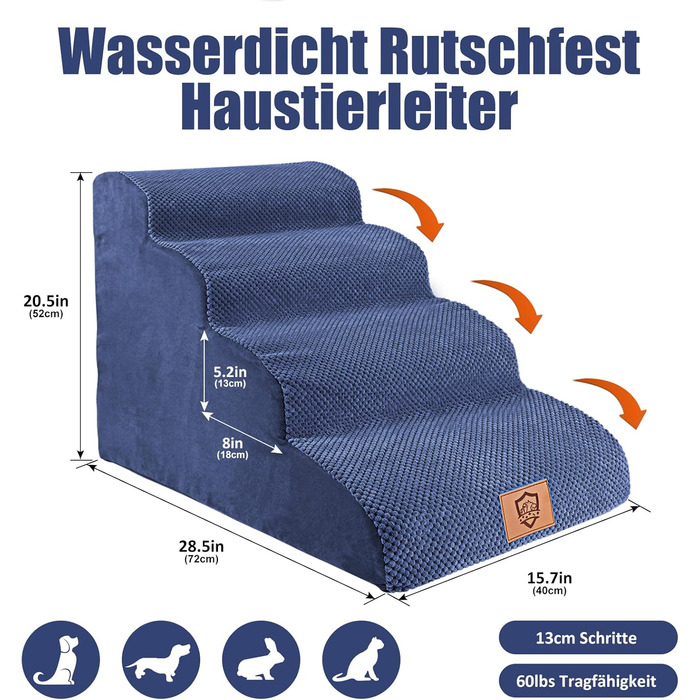 Pet Stairs, Dog Stairs 50cm High, 4-Step Pet Stairs, Removable Non-Slip Foam Dog Ramp, Dog Stairs for Small Dogs and Cats, Washable Cat Stairs (4-Step Pet Stairs, blue)