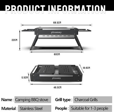 Portable Charcoal Foldable Grill, Outdoor Cooking for Travel, Camping Smoker BBQ Grill, Stainless Steel Tabletop, Portable