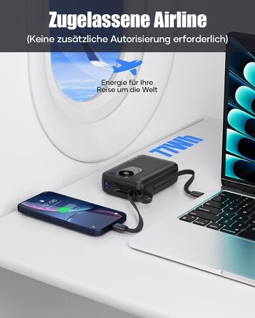 Power Bank 20000mAh з інтегрованим кабелем: швидка зарядка 22.5W, USB C (вхід та вихід), акумулятор для телефону, повербанк з 4 виходами та 2 входами, білий/чорний