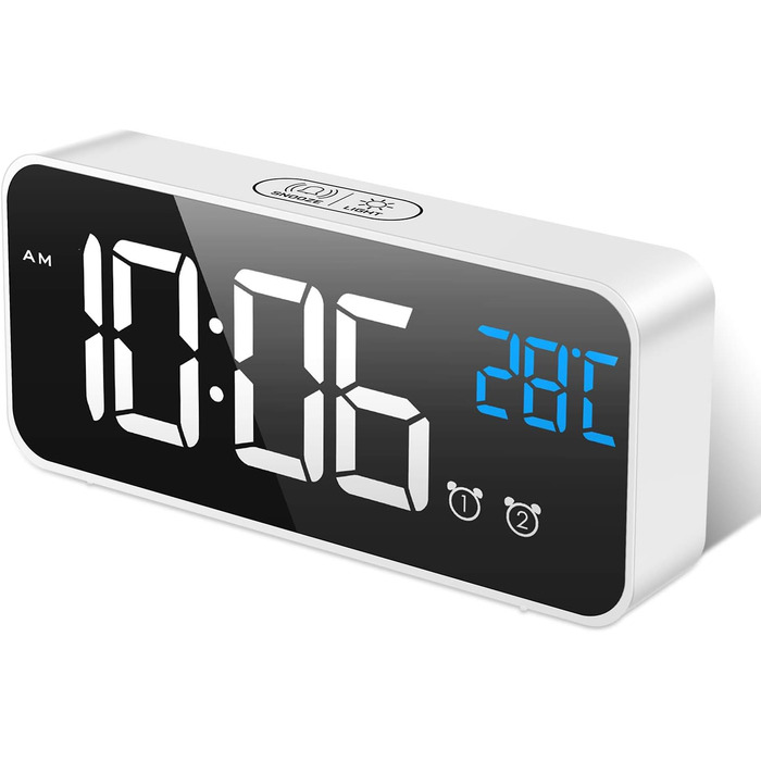 Цифровий годинник MOSUO з LED-дисплеєм, USB-зарядка, показник температури, голосове керування, 2 таймери, функція відкладання, регулювання яскравості та гучності, білий
