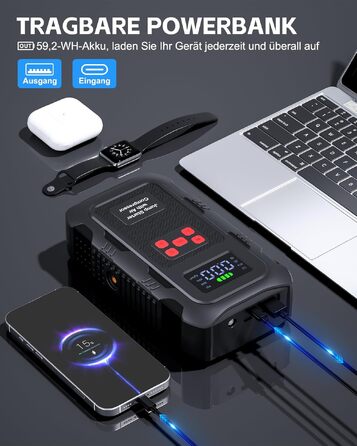Пусковий пристрій Povasee Jump Starter 9000A з компресором 150 PSI та павербанком, автомобільний бустер 12V для бензинових та дизельних авто, з ліхтарем (Чорно-червоний)