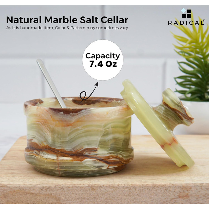 Radical Marble Salt Cellar with Lid, 8.9 cm, Green Onyx, Handcrafted Spice Jar for Kitchen, Ideal Salt Container, Salt and Pepper Holder, and Rock Salt Holder