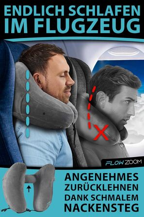 FLOWZOOM AIR Neck Pillow Inflatable with Hood - Neck Pillow Airplane - Travel Pillow - Quickly Inflatable Neck Pillow Travel - Airplane Pillow - Travel Pillow - Neck Support Adult (gray)