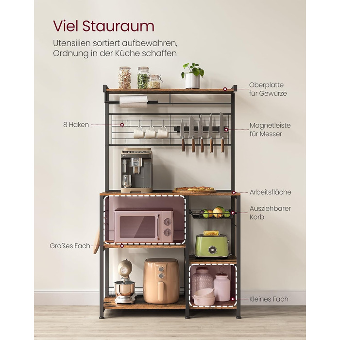 Стелаж кухонний VASAGLE KKS026B01, вінтажний, з магнітною смугою для ножів, кошиком та тримачем для рушників