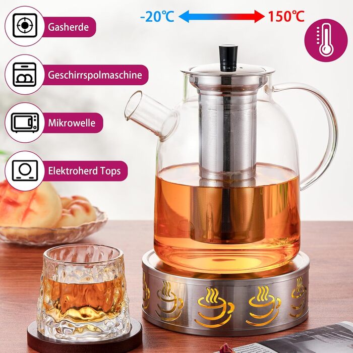 Чайник скляний HEMOLY 1,8L з підставкою, з ситечком для листового чаю та пакетиків